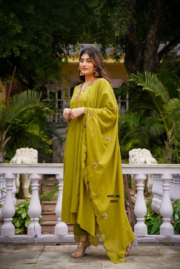 Olive Green Chanderi Silk Flared Anarkali Suit Set